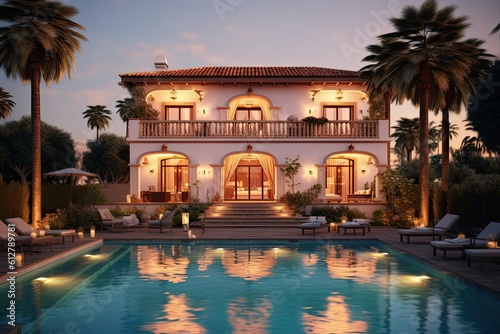 Luxurious Mediterranean Villa with Private Pool by the Sea at Sunset. Generative AI