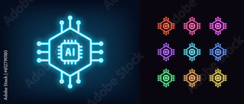 Outline neon AI cpu icon set. Glowing neon microcircuit with AI chip sign, artificial intelligence algorithms. Smart AI system for control and data analysis, processor and digital brain