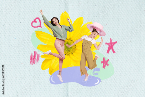 Shopping placard collage of two young girls dancing mother daughter celebrate international women day march isolated over daisy background