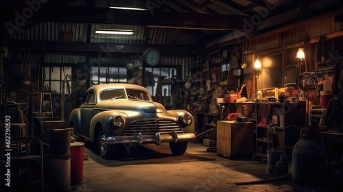 Vintage Car's Nostalgic Resplendence in Dimly Lit Garage 2. Generative AI © NormanBalberan