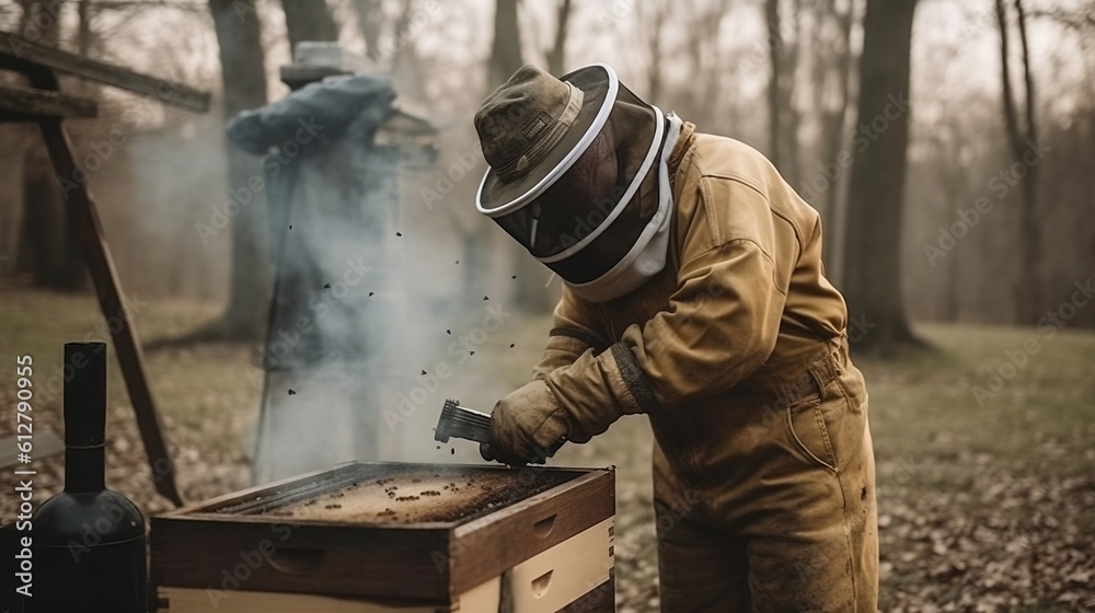 Beekeeper works near the hive. Generative AI Beekeeper works near the hive. Generative AI