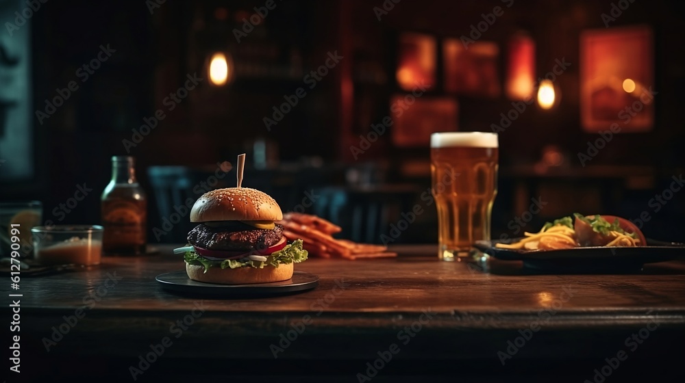 Fototapeta premium Hamburger and beer on the table at the bar. Generative AI