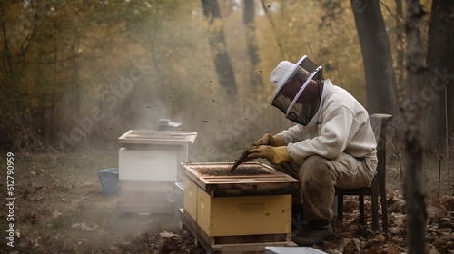 Beekeeper works near the hive. Generative AI