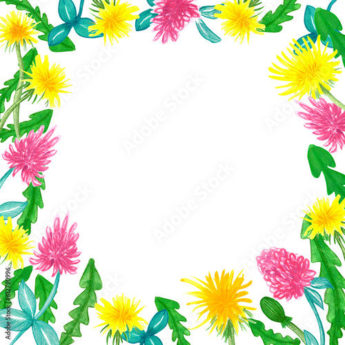 Yellow dandelion and clover flowers, hand drawn - floral frame on white background
