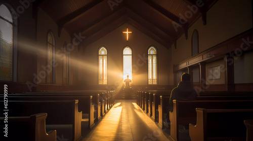 Man prays sitting on the bench in a christian church Generative AI
