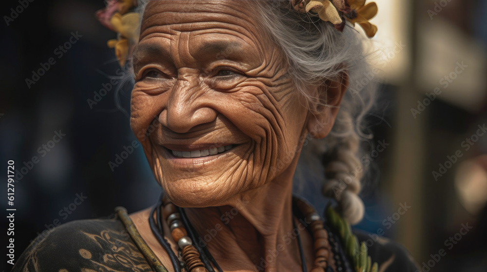 Graceful Beauty: Radiant Portrait of an Elderly Polynesian Lady. Generative AI