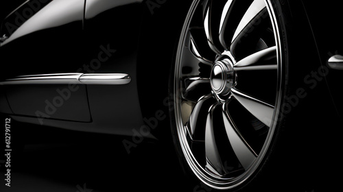 Automotive industry design elements. Close-up of chrome light alloy rims on a black car. Generative AI