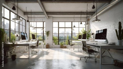 Minimalist Office Loft with White Cabinets and Panoramic Views. Generative AI