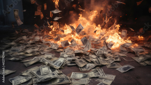 Slika na platnu Burning Wealth: Dollars Ablaze. Generative AI