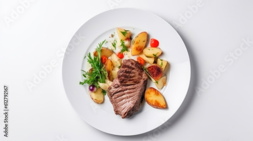 Grilled beef steak, crispy potato wedges, and garden-fresh salad from above. Generative AI