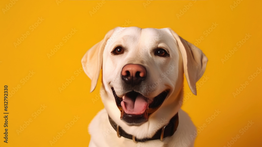 White Labrador Beaming with Joy on Yellow Background. Generative AI