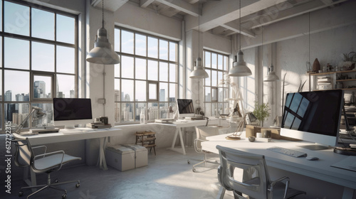 Bright and Airy Office Loft with Abundant Natural Light. Generative AI