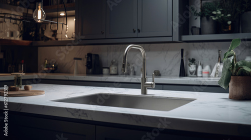 Sophisticated Kitchen Sink Detail  Grey Cabinets and White Marble. Generative AI