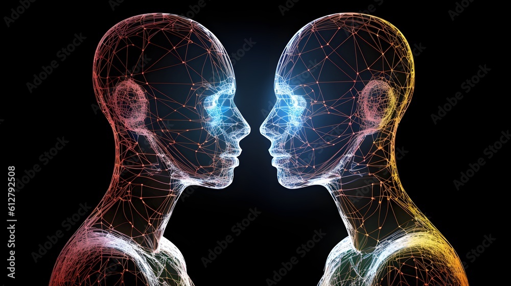 two futuristic humanoid figures composed of interconnecting lines and ...