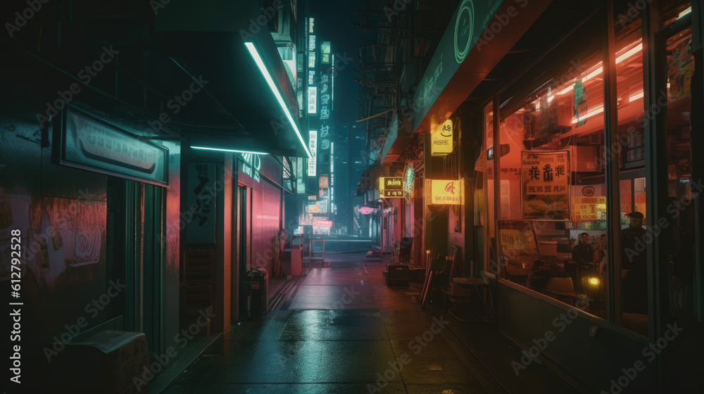 in the style of surrealistic Hong Kong urban scenes, night, neon light