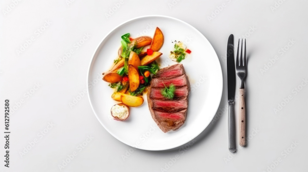 Scrumptious grilled beef steak accompanied by crispy potato wedges and a colorful salad. Generative AI Scrumptious grilled beef steak accompanied by crispy potato wedges and a colorful salad. Generative AI