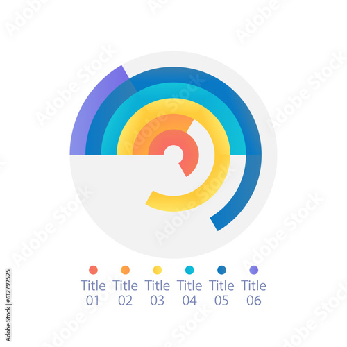 Radial bar infographic chart design template with six categories. Annual indicators. Editable circle infochart with multi rows. Visual data presentation. Myriad Pro-Bold, Regular fonts used