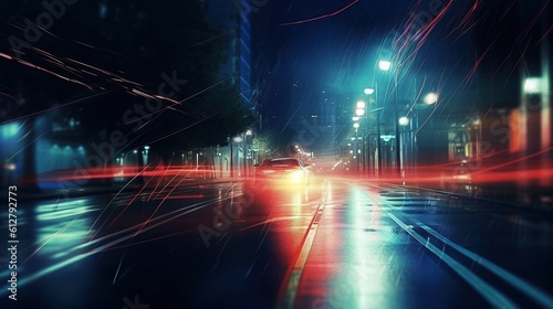 Сar riding on a city road at night. Generative AI. Illustration for banner, poster, cover or presentation. © Login