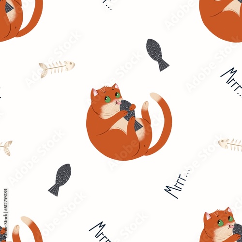 Cute seamless pattern with hand-drawn cats and cats toys. Creative design for fabric, packaging, wallpaper print, clothes, wrapping paper, chancellery.