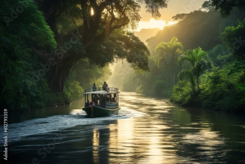 Boat navigating through the winding rivers of the Amazon, with lush greenery and wildlife in the background, emphasizing the exploration aspect. Generative AI photo