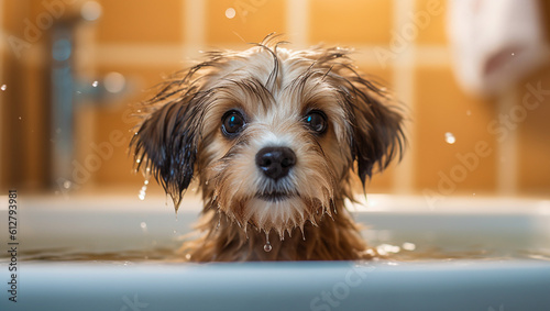 cute lovely small dog wet in bathtub, clean dog with funny foam soap on head. Pets indoors needs to be cleaned in bath