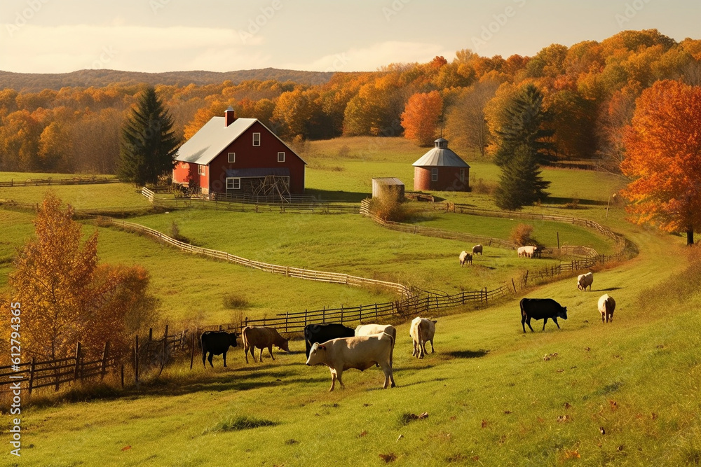 Fototapeta premium Rural autumn landscape with the farm