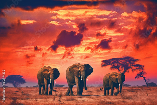 elephants at sunset