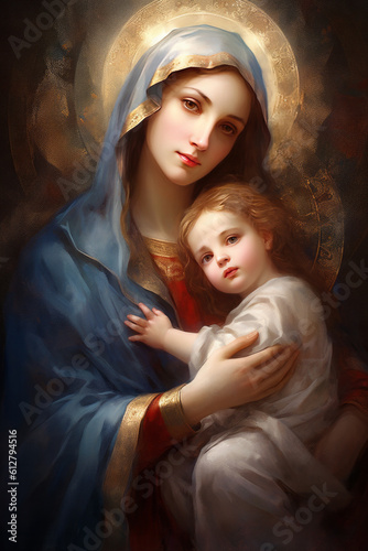 Holy Mary and baby Jesus. Generative AI