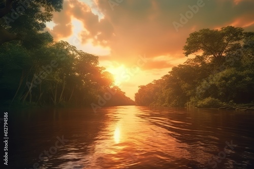 A breathtaking image showcasing a vibrant sunset casting warm hues over the Amazon rainforest, creating a serene and picturesque scene. Generative AI © bluebeat76