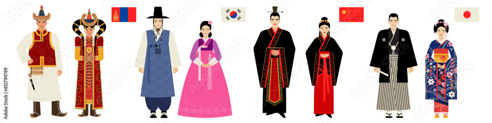 flags and national costumes of Central and East Asian countries