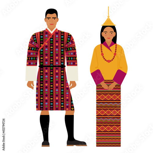 girl and young man in Bhutanese folk costume isolated on a white background. couple of young people in the traditional national dress of the Kingdom of Bhutan. flat drawing in cartoon style. EPS 10.