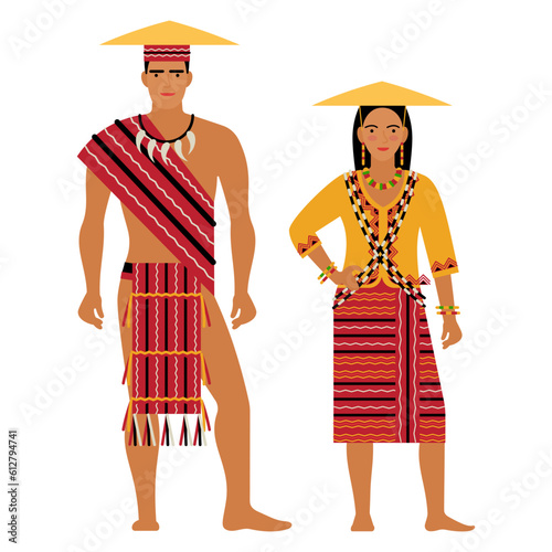 girl and young man in Filipino folk costume isolated on a white background. couple of young people in the national traditional clothes of the Philippines. flat drawing in cartoon style. stock vector 