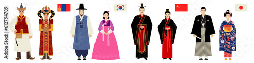 flags and national costumes of Central and East Asian countries