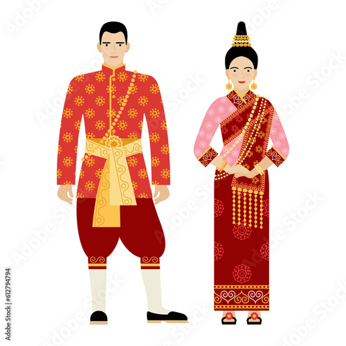 girl and young man in Thai folk costume isolated on a white background. couple of young people in the national traditional clothes of Thailand. flat drawing in cartoon style. stock vector illustration