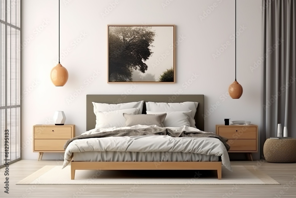 Blank picture frame mockup on gray wall. White bedroom design. View of modern scandinavian style interior with bed. Home staging and minimalism concept | Generative AI