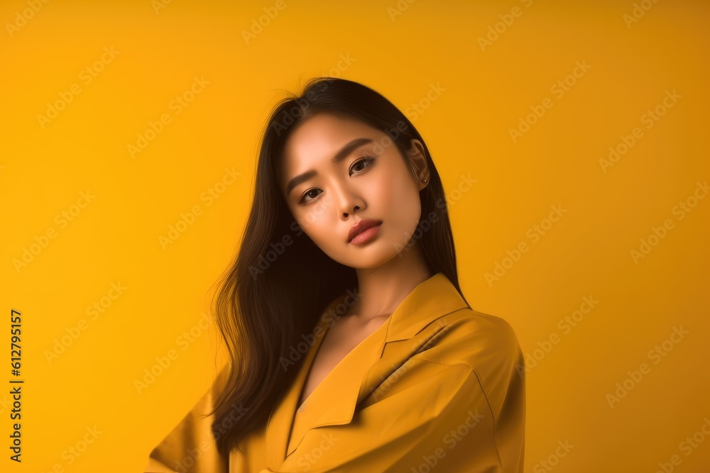 Photo of Beautiful Asian Woman with smooth skin on yellow background. Generative AI Photo of Beautiful Asian Woman with smooth skin on yellow background. Generative AI