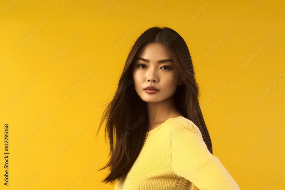 Photo of Beautiful Asian Woman with smooth skin on yellow background. Generative AI Photo of Beautiful Asian Woman with smooth skin on yellow background. Generative AI