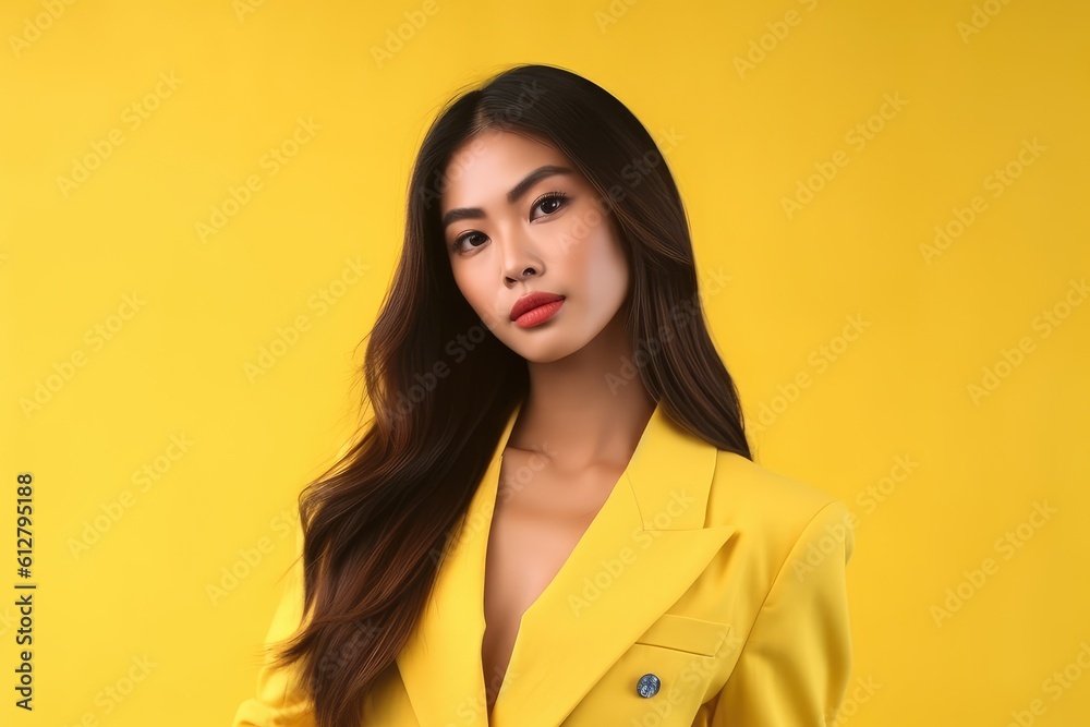 Photo of Beautiful Asian Woman with smooth skin on yellow background. Generative AI Photo of Beautiful Asian Woman with smooth skin on yellow background. Generative AI