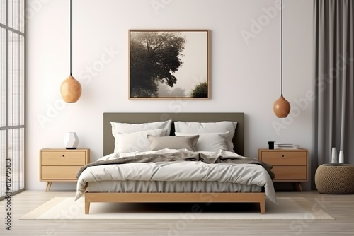 Blank picture frame mockup on gray wall. White bedroom design. View of modern scandinavian style interior with bed. Home staging and minimalism concept   Generative AI