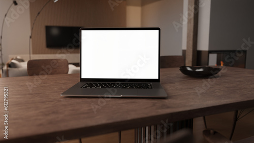 laptop on a table in a modern living room with transparent screen for content placement like Mockups, Home Office Commercial, Advertising or Infographics.