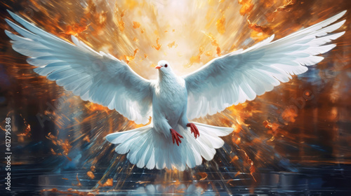 A white dove flies and to symbolise the Holy Spirit and Pentecost. Generative AI
