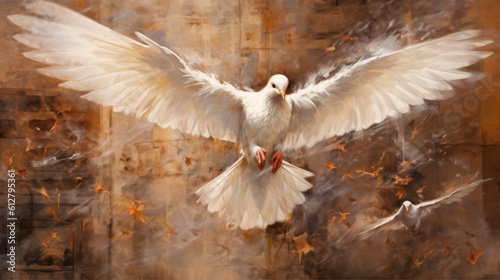 A white dove flies and to symbolise the Holy Spirit and Pentecost. Generative AI