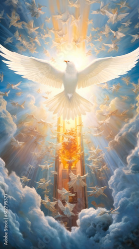 A white dove flies and to symbolise the Holy Spirit and Pentecost. Generative AI
