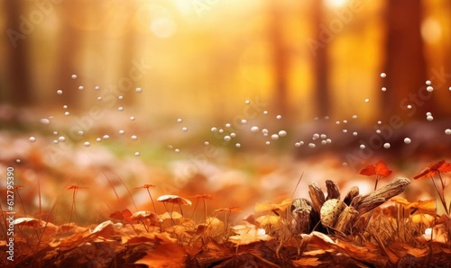 Sunlight falling from autumn leaves landscape photo. Generative AI