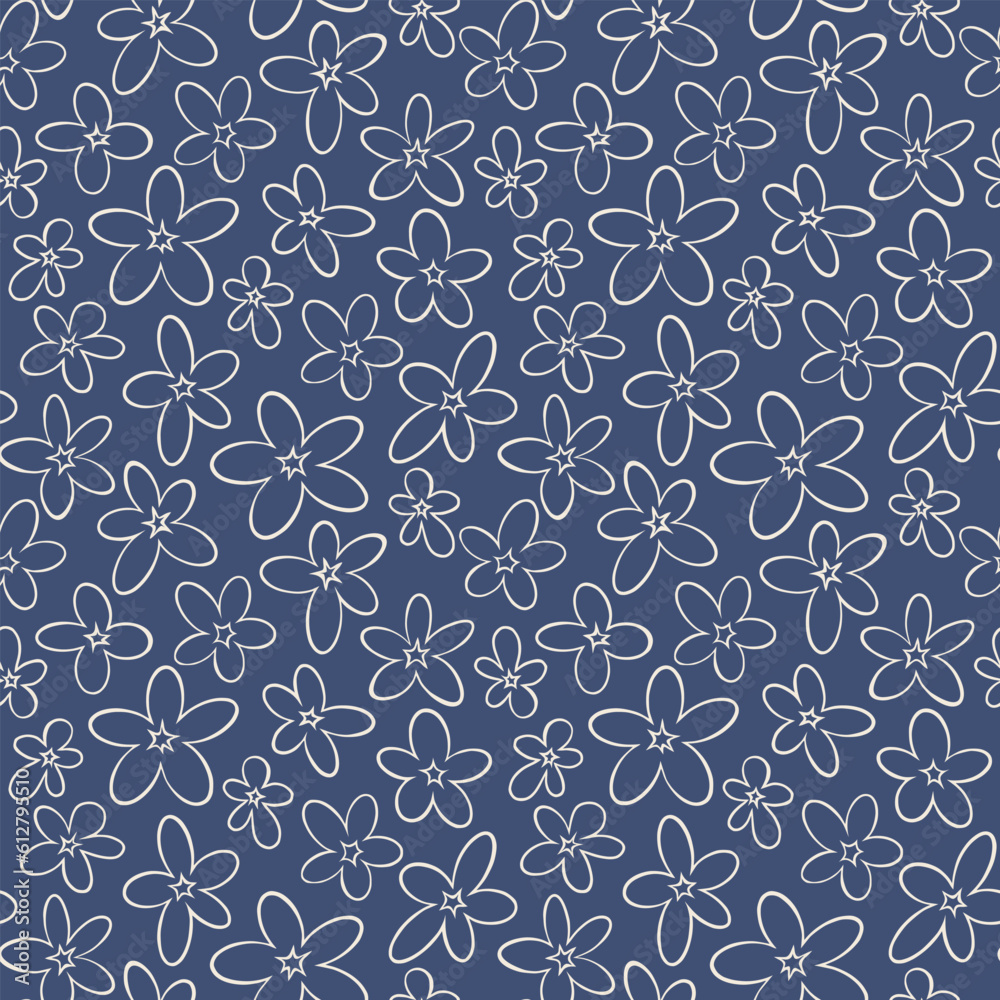 Seamless pattern with hand drawn flowers on blue background. Floral graphic print. Find quatrefoil maze game. Vector illustration. Seamless pattern with hand drawn flowers on blue background. Floral graphic print. Find quatrefoil maze game. Vector illustration.
