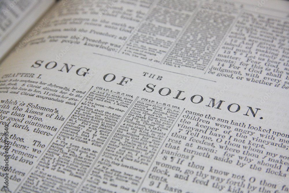 Chapter of the bible, holy book. Song of Solomon page detail. Close-up page detail biblical text. Chapter of the bible, holy book. Song of Solomon page detail. Close-up page detail biblical text.