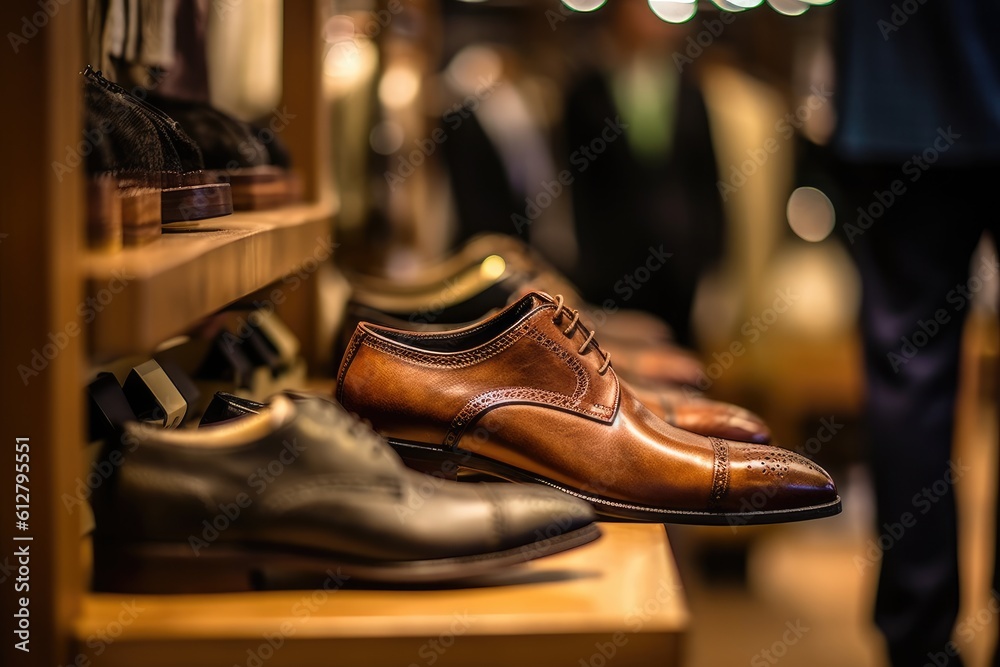 A close - up shot of a man trying on a pair of stylish shoes in a boutique. Generative AI A close - up shot of a man trying on a pair of stylish shoes in a boutique. Generative AI