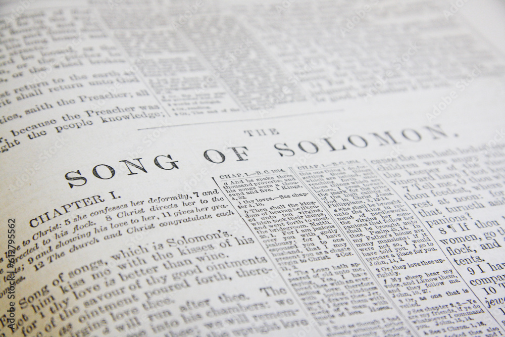 Chapter of the bible, holy book. Song of Solomon page detail. Close-up page detail biblical text. Chapter of the bible, holy book. Song of Solomon page detail. Close-up page detail biblical text.