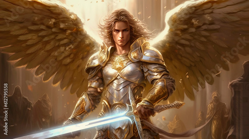 Fotografiet Archangel Michael leads the heavenly armies. Generative AI
