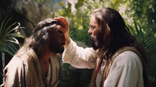 Jesus heals the sight of a man born blind. Generative AI